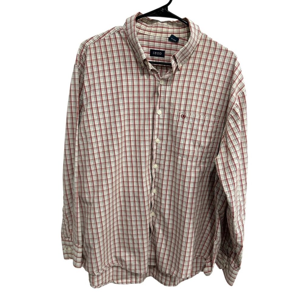 Izod Mens Red & White Plaid Button-Down Shirt XL 100% Cotton Classic Fit